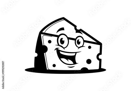 Playful smiling cheese wedge cartoon character with glasses.