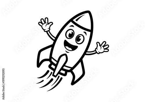 Happy cartoon rocket character waving and flying with motion lines.