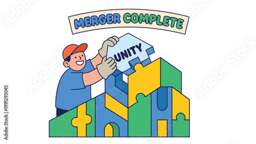 Merger Complete: Building unity and integration with puzzle pieces. Business success and teamwork concept illustration.