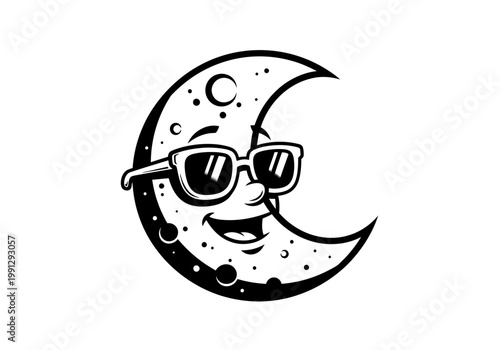 Retro smiling crescent moon character wearing sunglasses.