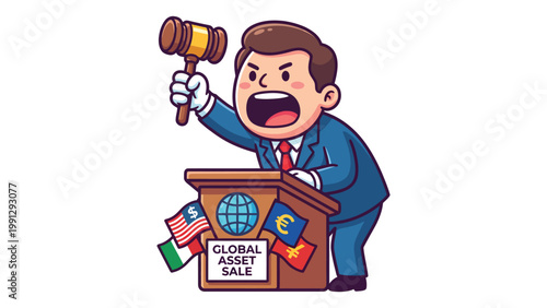 Cartoon Auctioneer Shouting at Podium for Global Asset Sale with International Flags