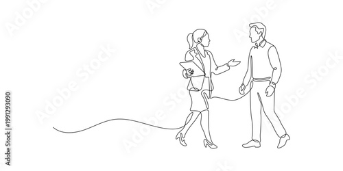 Man and woman talking walking together two people business meeting young adults human interaction together dialogue