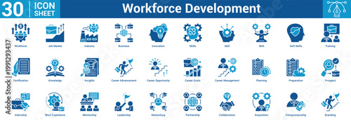 Workforce Development editable icon set vector illustration concept for business with icon of Workforce, Job Market, Industry, Business, Innovation, Skills, Skill, Skill, Soft Skills, Training.