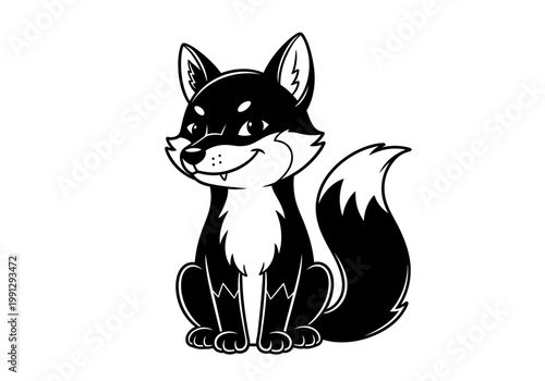 Cute smiling black and white cartoon fox sitting with bushy tail.