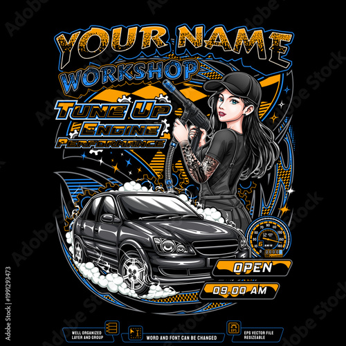 Modification workshop t-shirt design with a mechanic girl character