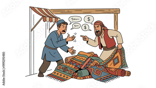 Marketplace Haggling: Two men negotiating carpet prices at an oriental bazaar stall, sales discussion.