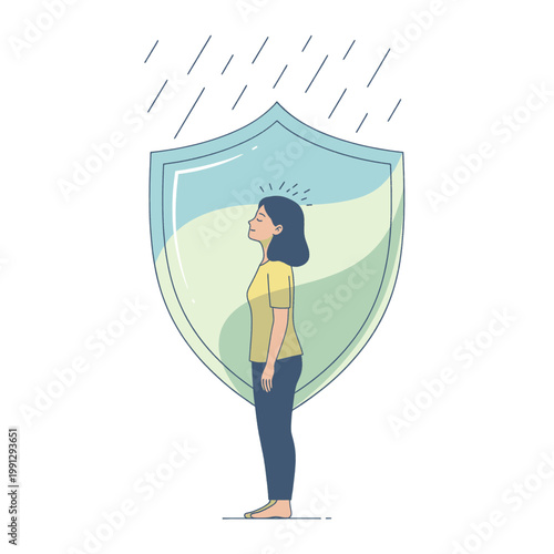 Woman protected by a shield from falling rain, symbolizing resilience and inner peace.