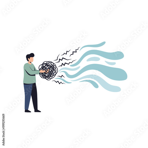 Man untangling a ball of tangled string into flowing water, symbolizing mental clarity and problem-solving.