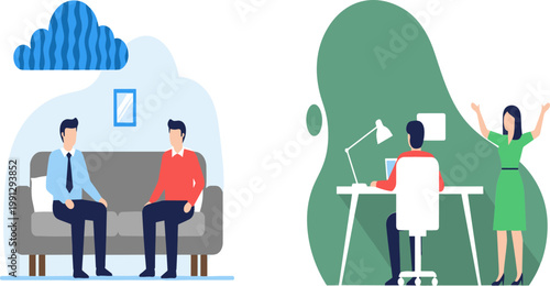 Business Meeting and Office Work Illustration Set Featuring Interview Discussion, Employee at Desk, and Team Success Celebration for Corporate Workplace and Productivity Concepts