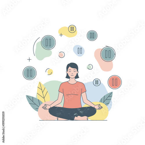 Woman meditating in lotus position surrounded by pause symbols, representing taking a break and mindfulness.