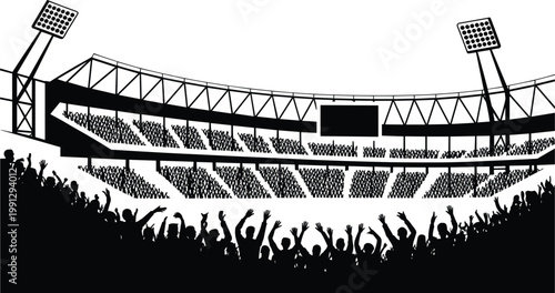 Large stadium crowd, cheering fans, floodlights, scoreboard, raised arms, celebration energy, sports event, entertainment venue, audience excitement, festive atmosphere