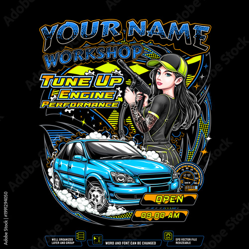 T-shirt design for a car modification workshop with a girl mechanic character