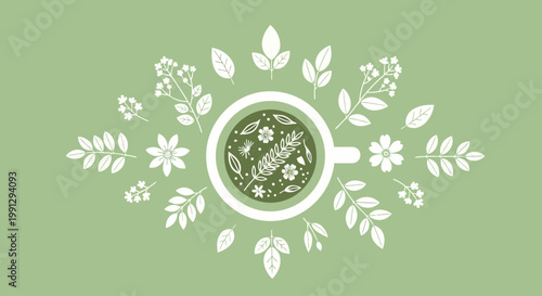 International Tea Day background with top view of tea cup and white botanical floral ornaments