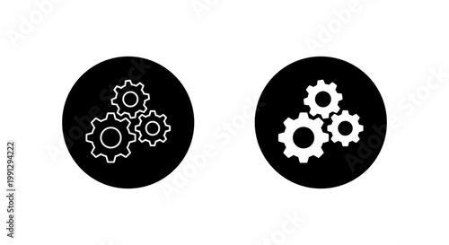 Gear settings icon in black circle. Cogwheel mechanism symbol. System configuration and mechanical operation sign