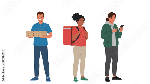 Online Delivery & Service: Diverse people with pizza boxes, delivery bag, and smartphone illustration