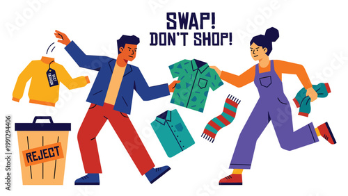 Sustainable Clothes Swap Event Illustration: Eco-Friendly Fashion, Circular Economy & Waste Reduction