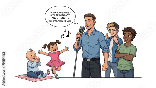 Father's Day Serenade: A tender Father's Day scene unfolds, with a father singing to his children, celebrating their special bond and love. 