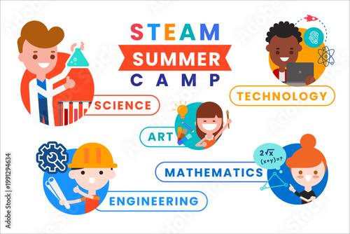 STEAM Summer Camp Banner with Diverse Kids Learning Illustration