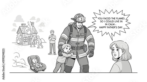 Firefighter's Heroism and Father's Day: A poignant illustration of a firefighter's selfless act of bravery, saving a child from a burning building, symbolizing the spirit of Father's Day and heroism.
