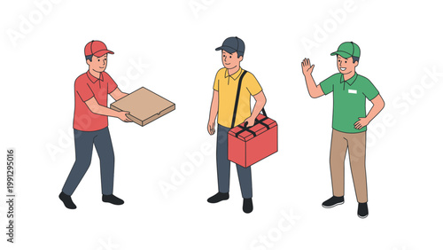 Set of Delivery Persons: Food, Courier, and Service Staff Illustration