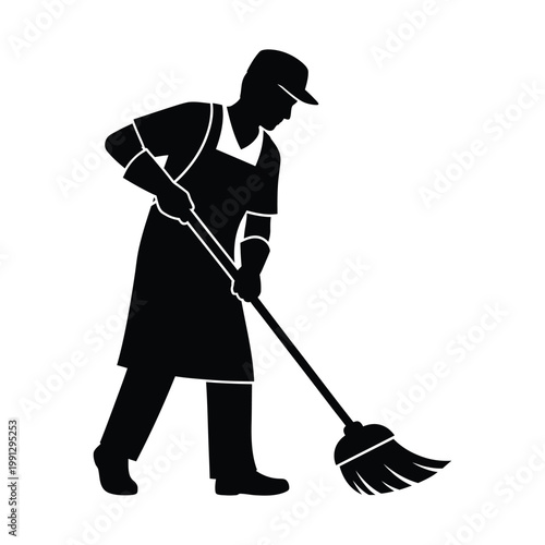 Janitor silhouette sweeping with broomstick vector illustration isolated on white background symbol.