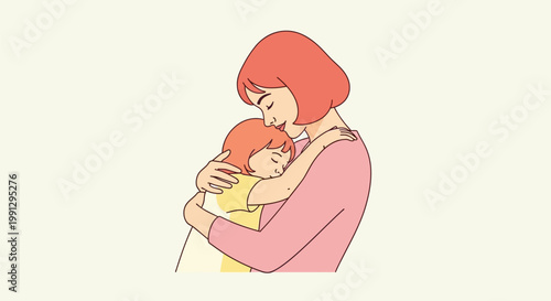 A loving mother comforting her young child in a warm embrace.