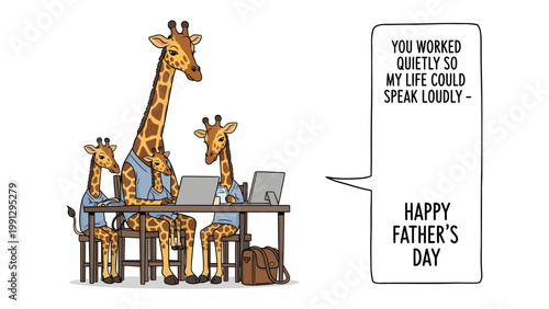 Giraffe family at work: A heartwarming scene depicts a giraffe family, father and his offspring, engaging in work-related activities. The art highlights the value of labor, sacrifice.