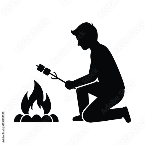 Man kneeling by campfire roasting marshmallows silhouette vector illustration on white background art.
