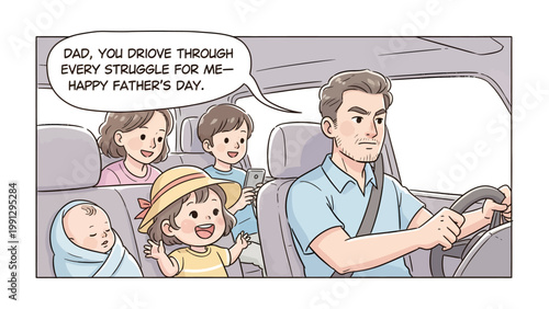 Father's Day Car Ride: A heartwarming illustration depicts a family's special moment, a father driving with his children, each child expressing their love.