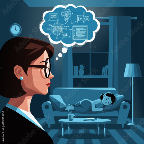 A profile view of a housewife in a cozy, geometric living room at night. She wears oversized glasses, and a brightly glowing thought bubble above her head shows a blueprint for a new invention