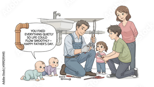 Father's Day Plumbing: A father, the family's handyman, mends pipes in a tender father-child moment, illustrating the quiet heroism of everyday life.