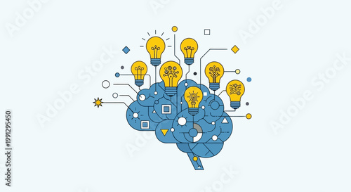 Brain with lightbulbs and ideas.