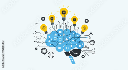 Brain with lightbulb ideas thinking concept.