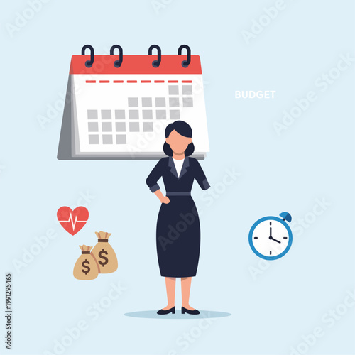 A flat vector design of a housewife standing confidently, with an oversized calendar and budget tracker in the background. She holds a stylus like a scepter, and flowing lines connect her to icons of 