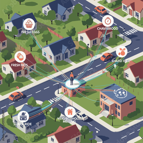 A high-angle flat vector illustration of a small neighborhood, but with glowing, colorful threads showing the connections the housewife creates: a trade of fresh eggs, a shared ride, a neighborhood me
