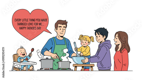 Family Culinary Bond: A loving family creates cherished memories together in the kitchen on Father's Day, symbolizing family unity and happiness.