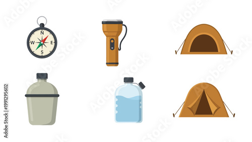 Outdoor Adventure and Camping Essentials Vector Icons Set for Hiking and Exploration