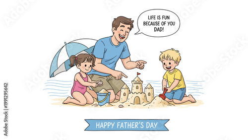 Father's Day Beach Fun: A tender illustration depicts a father and his children joyfully building a sandcastle on the beach, celebrating the bond of family and the joy of Father's Day.