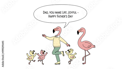 Flamingo Family Father's Day: A whimsical illustration of a flamingo family celebrating Father's Day, with the father figure surrounded by his offspring, conveying a message of love and joy.