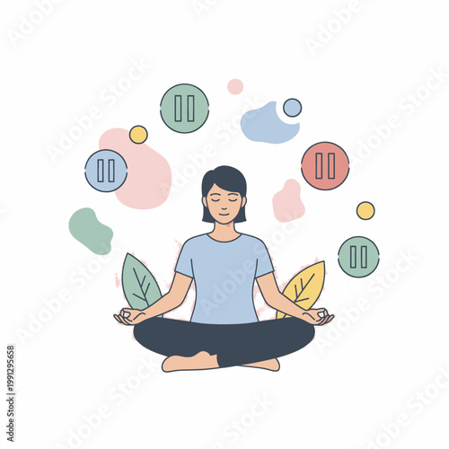 Woman meditating peacefully surrounded by abstract shapes and pause symbols, representing mindfulness and taking a break.
