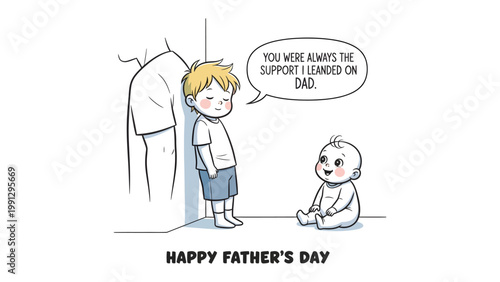 Father's Day Sentiment: A heartwarming illustration captures a tender moment as a son expresses gratitude to his father, while a baby, symbolizing new life, adds to the joy.