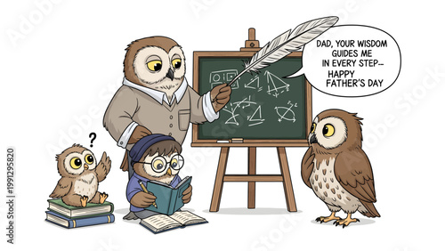 Owl Father's Day Education: A heartwarming illustration of a wise owl teacher imparts knowledge to his attentive owlets, sharing wisdom on Father's Day.