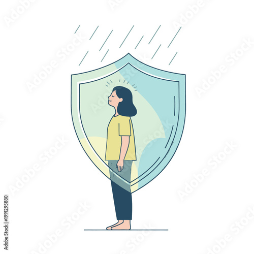 Woman protected by a shield from rain, symbolizing resilience and inner peace.