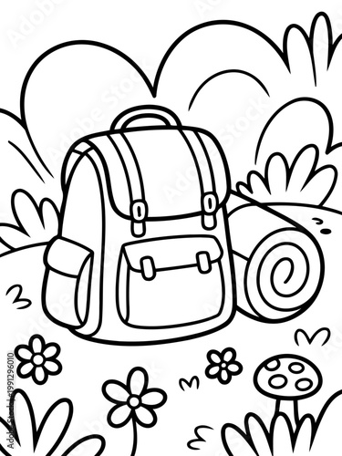 Adventure's Call: A charming outline illustration invites exploration. A backpack and rolled mat sit amidst wildflowers and a mushroom, hinting at the joy of outdoor escapades.