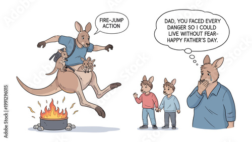 Fatherhood Celebration: A heartwarming scene portrays a kangaroo family in a moment of celebration. A father kangaroo is courageously jumping over fire, while his offspring express gratitude.