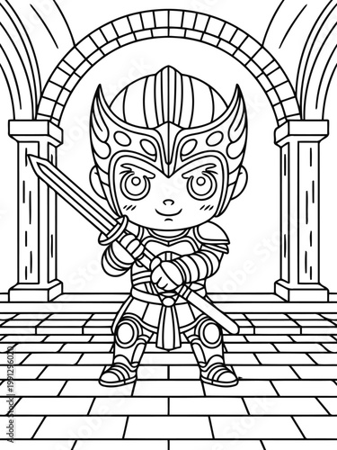 Valiant Defender in Ancient Hall: A valiant knight, clad in gleaming armor, stands poised with a sword in hand within an ancient hall, ready for any challenge. A picture that captures bravery.