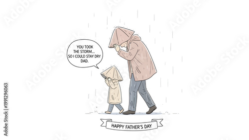 Father's Day Sentiment: An illustration portrays a father and child navigating a rain shower under umbrella hats, signifying protection and love. The scene captures the essence of Father's Day.