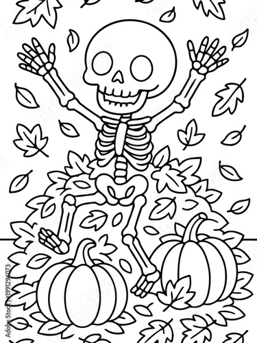 Autumn Skeleton's Delight: A jovial skeleton revels in the autumnal spirit, playfully nestled amongst a bed of fallen leaves and pumpkins, embodying the fun of halloween.