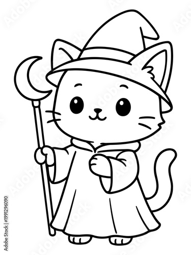 Whimsical Wizard Cat: An adorable cat dressed as a wizard, with a staff, moon and hat, it exudes a charming and magical aura, perfect for adding a touch of enchantment