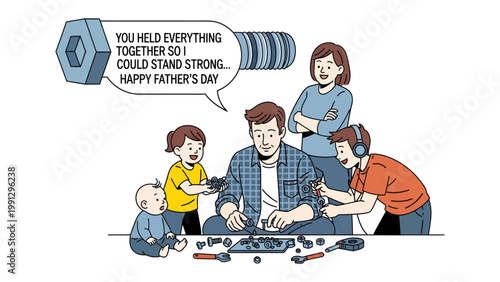 фотографія Father's Day Dedication: A heartwarming depiction of a father surrounded by his loving family on Father's Day, illustrating his role as the cornerstone of their unity and support